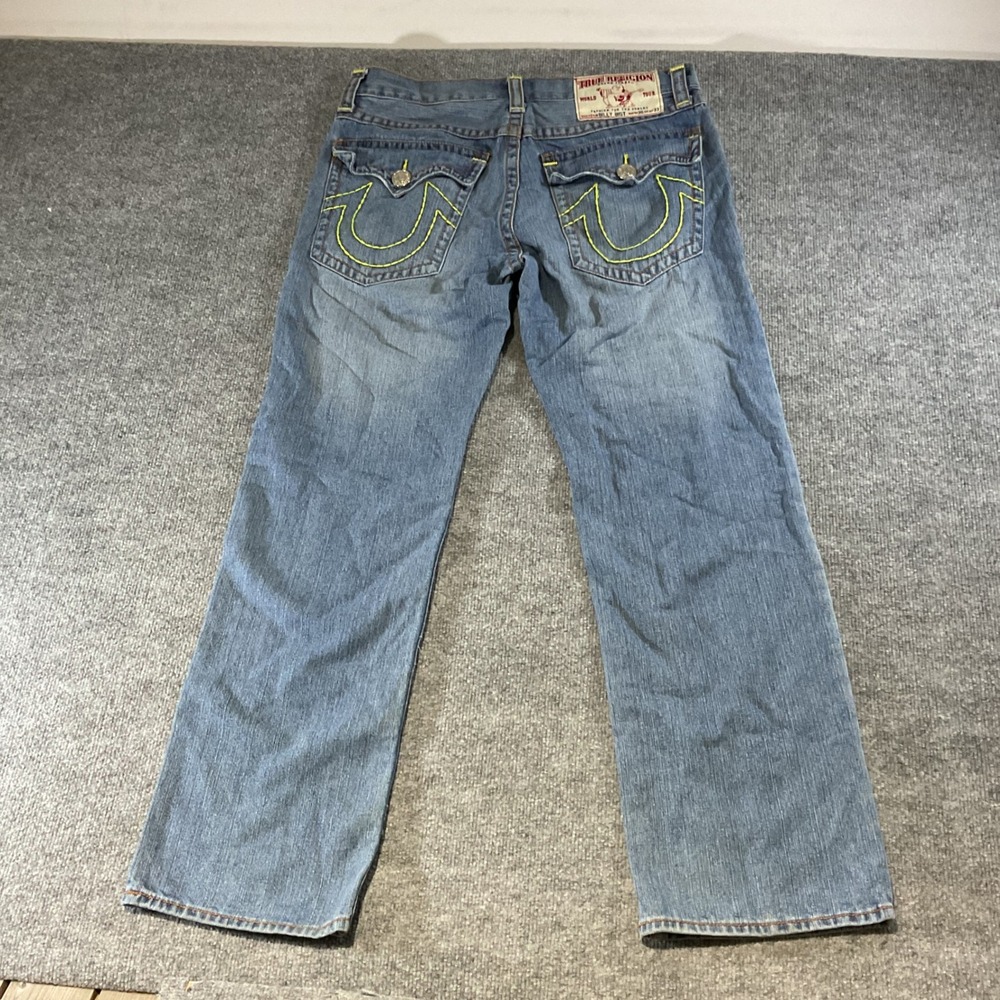 True Religion Billy Big T Mens Straight Jeans Blue Yellow Stitching USA 36x33